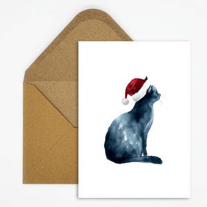 Carte de Noël avec motif chat, chat bleu russe avec bonnet de Noel, carte postale pour les amoureux des chats pour les vœux de Noël des animaux