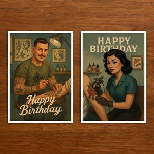 Carte d'anniversaire rétro pour tatoueur, carte postale professionnelle de style vintage, carte d'anniversaire originale pour le travail, les collègues ou les collectionneurs
