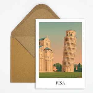 Postal de viaje de Pisa, Italia con la Torre Inclinada y un mapa nostálgico de Italia como un hermoso recuerdo o recuerdo de viajes a la Toscana.
