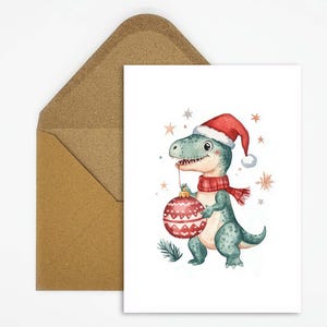 Grappige kerstkaart, ansichtkaart - dinosaurus met kerstmuts, creatief in aquarel voor originele kerstgroeten of als decoratie