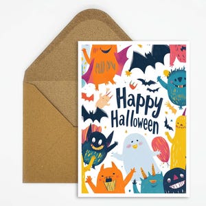 Cartão postal infantil de Halloween com monstros coloridos - perfeito para convites engraçados ou saudações de feliz Halloween com uma saudação de "Feliz Halloween"
