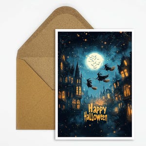 Bruxas voadoras ao luar - cartão postal de Halloween "Feliz Halloween" com bruxas mágicas e lua cheia para convites para festas festivas