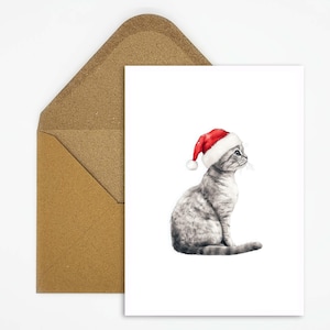 Kerstkaart met kattenmotief, Scottish fold kat met kerstmuts, ansichtkaart voor kattenliefhebbers voor dierenkerstgroeten