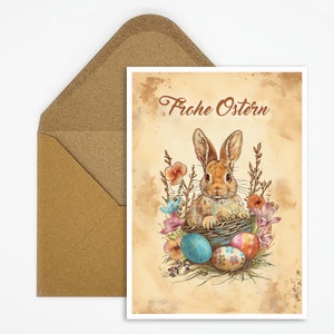 Postal de Pascua, tarjeta Felices Pascuas, tarjeta regalo, tarjeta infantil, motivo conejito de Pascua, huevos de Pascua, ilustración de conejo, tarjeta impresa, tarjeta impresa