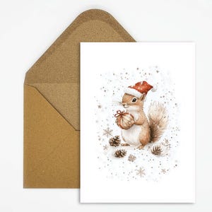 Animali da cartolina di Natale, cartolina - simpatico scoiattolo con un regalo in acquerello, perfetto per amare gli auguri di Natale