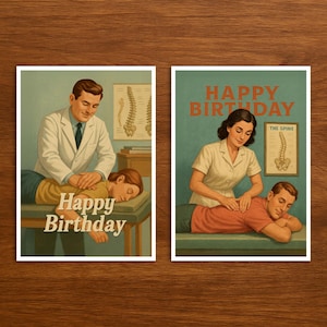 Cartão de feliz aniversário retrô Quiroprático, cartão postal profissional em estilo vintage, cartão de aniversário exclusivo para presentear