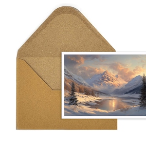 Kerstkaart, winterberglandschap bij zonsondergang, feestelijke ansichtkaart met met sneeuw bedekte bergen, perfect voor kerstgroeten