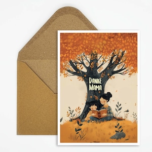Merci maman carte de fête des mères, mère et enfant lisant illustration, arbre avec carte de vœux pour la fête des mères, carte de félicitations, carte de voeux pour maman