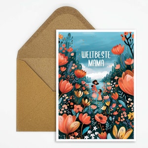 Carte avec inscription « Meilleure maman du monde », illustration mère et enfant, carte postale pour la fête des mères, anniversaire, carte de félicitations, carte de vœux pour maman