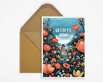 Card with saying World's Best Mom, mother and child illustration, postcard for Mother's Day, birthday, congratulations card, greeting card for mom