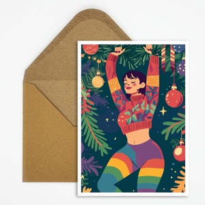Queer kerstkaart met persoon in regenbooglegging voor feestelijke kerstboom, vrolijke LGBTQ-wenskaart voor de winter