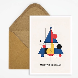 Cartolina di Natale minimalista con motivo geometrico dell'albero di Natale, design moderno per eleganti auguri di Natale! Cartolina di buon Natale