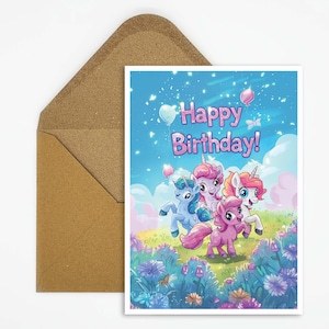 Tarjeta de cumpleaños infantil ponis, tarjeta de cumpleaños Feliz cumpleaños, ponis de colores, tarjeta de fantasía, tarjeta de caballo de colores, unicornios, niños, niñas