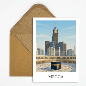 Carte postale de voyage de La Mecque en Arabie Saoudite avec la Kaaba et la tour de l'horloge, carte spéciale comme souvenir ou cadeau avec une belle illustration