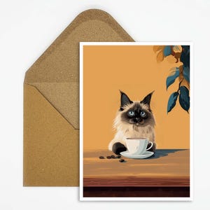Cartolina con gatto Ragdoll che si gode un caffè, bellissima illustrazione di un gatto in stile boho vintage, idea regalo perfetta per gli amanti dei gatti.