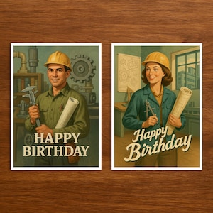 Cartão de feliz aniversário para engenheiro mecânico/engenheiro, cartão de aniversário exclusivo com ilustração de profissão vintage e retrô para presentear