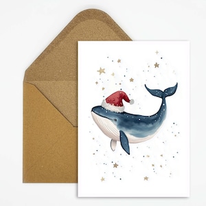 Kerstkaart, aquarel ansichtkaart - schattige blauwe vinvis met kerstmuts, perfect voor maritieme kerstgroeten of als decoratie