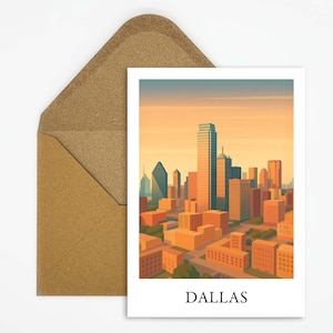 Carte postale de Dallas USA avec skyline moderne, plan de la ville pour les passionnés de voyages, parfaite pour collectionner, offrir ou comme décoration