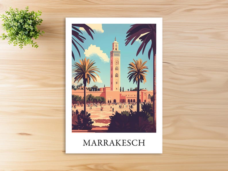 Marrakech, Morocco travel postcard with beautiful illustration ideal as a travel souvenir or gift for travelers and map collectors image 2
