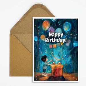 Gelukkige verjaardag verjaardagskaart, verjaardagskaart jongen ballonnen, kinderverjaardag, cadeau, illustratie, jarige jongens, meisjes