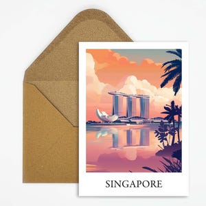 Pocztówka podróżnicza z Singapuru z piękną ilustracją Marina Bay, idealna jako pamiątka z podróży lub prezent dla podróżników i kolekcjonerów map