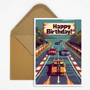 Happy Birthday Karte, Racing, Pixel Art, Auto, Geburtstagskarte Autorennen, Geburtstag für Jungen, Mädchen, Geschenk Karte, Retro Art Karte