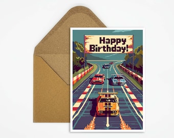 Happy Birthday Karte, Racing, Pixel Art, Auto, Geburtstagskarte Autorennen, Geburtstag für Jungen, Mädchen, Geschenk Karte, Retro Art Karte