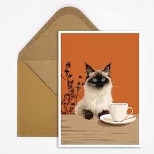 Cartolina con gatto siamese e caffè, illustrazione in stile Boho Scandi, regalo ideale per gli amanti dei gatti e l'atmosfera del bar