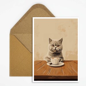 Cartolina British Shorthair con caffè, bellissimo motivo di gatto in stile Boho Scandi, ottima idea regalo per gli amanti dei gatti e del caffè