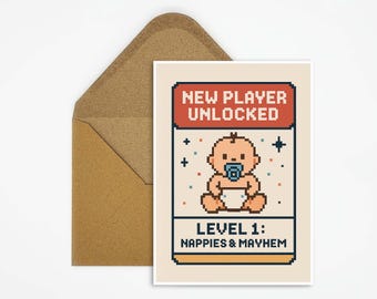 Cartolina divertente per la nascita, originale biglietto di auguri per neonati a tema videogiochi, biglietto di auguri divertente per bambini e bambine, regalo per il baby shower per i genitori