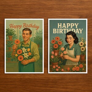 Carte d'anniversaire pour fleuriste, design vintage, carte postale rétro pour hommes et femmes, cadeau d'anniversaire parfait