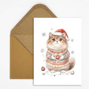 Kerstkaart - schattige kat met kerstmuts in aquarel, ideaal voor feestelijke groeten en liefdevolle kerstboodschappen