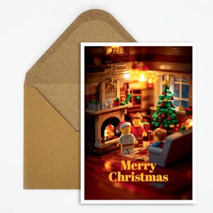Kerstkaart met gezellig bouwsteenhuiskamertafereel, ideaal voor bijzondere kerstgroeten of als kerstversiering