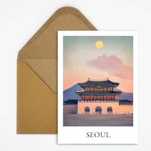 Seúl, Corea, postal de viaje con bonita ilustración ideal como recuerdo de viaje o regalo para viajeros y coleccionistas de mapas.