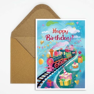 Tarjeta de cumpleaños locomotora, tarjeta de cumpleaños feliz cumpleaños, tarjeta de cumpleaños infantil, regalo, ilustración tren infantil, niños, niñas
