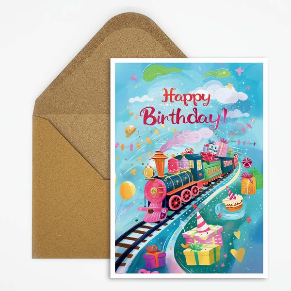 Carte d'anniversaire locomotive, carte d'anniversaire joyeux anniversaire, carte d'anniversaire enfant, cadeau, illustration train pour enfants, garçons, filles