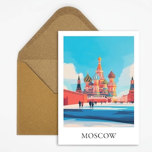 Postal de viaje de Moscú, Rusia con una hermosa ilustración, ideal como recuerdo de viaje o regalo para viajeros y coleccionistas de mapas.