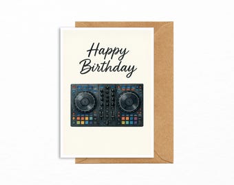 Music postcard Happy Birthday with DJ mixer designed as a creative birthday card for birthday children, DJs, musicians and music fans