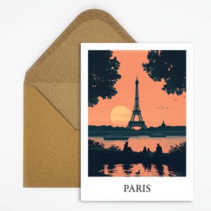 Paris, France travel postcard with beautiful Eiffel Tower illustration ideal as a travel souvenir or gift for travelers and map collectors