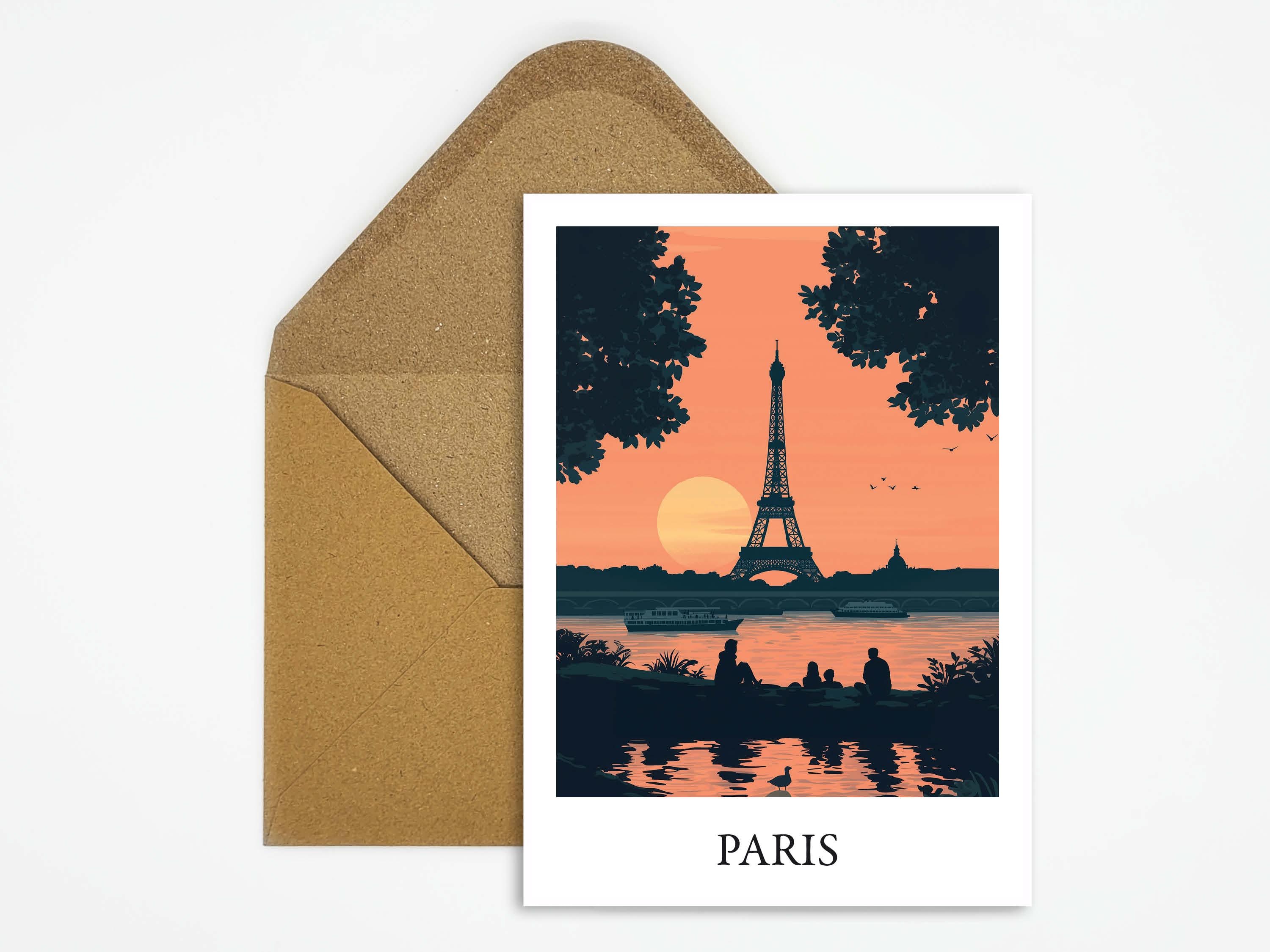 Paris, France travel postcard with beautiful Eiffel Tower illustration ideal as a travel souvenir or gift for travelers and map collectors