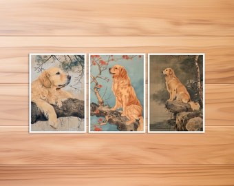 Hunde Postkarte, Tier Postkarte, Golden Retriever Hund im Hokusai Stil, Japanischer Stil, Geburtstag, Kunstpostkarte, Postkarten Set