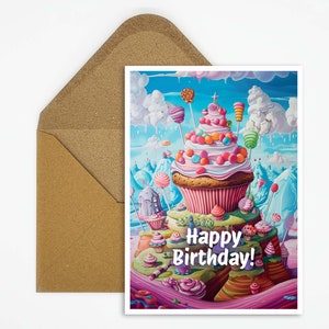 Biglietto di buon compleanno cupcake, biglietto di compleanno per ragazza, compleanno per ragazze, ragazzi, buono regalo, illustrazione di caramelle, muffin