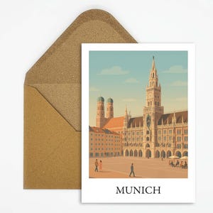 München Deutschland Postkarte mit Rathaus Marienplatz Illustration, detailreiche Stadtkarte als originelles Reisesouvenir oder Geschenk