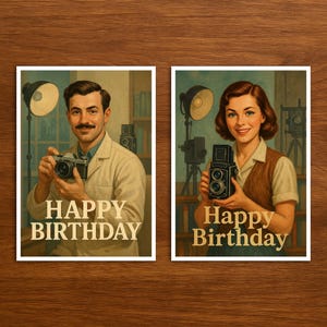 Carte d'anniversaire pour photographes, carte postale rétro avec illustration vintage, carte d'anniversaire professionnelle unique en cadeau