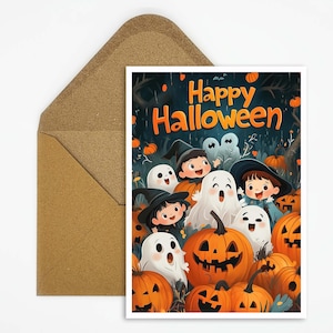 Tarjeta infantil de Halloween con fantasmas, calabazas y brujitas: perfecta para lindos saludos o invitaciones a fiestas felices