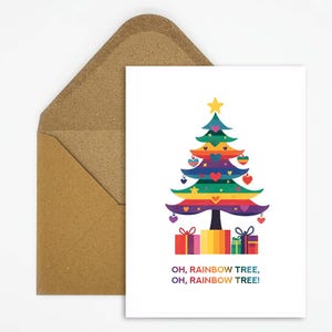 LGBTQ Weihnachtskarte mit Regenbogen-Weihnachtsbaum und Spruch, bunte Feiertagskarte für Pride und Freude als Geschenk oder Dekoration
