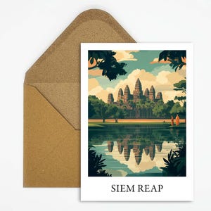 Postal de viaje de Camboya, Siem Reap con una hermosa ilustración, ideal como recuerdo de viaje o regalo para viajeros y coleccionistas de mapas.