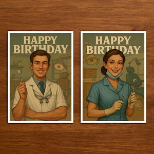 Vintage Geburtstagskarte Zahnarzt Happy Birthday, Retro Postkarte zum Beruf, kreative Karte für Männer und Frauen, ideal als Geschenk