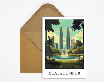Kuala Lumpur, Malaysia travel postcard with beautiful illustration ideal as a travel souvenir or gift for travelers and card collectors