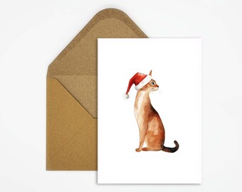 Christmas card with cat motif, Abyssinian cat with Christmas hat, postcard for cat lovers for animal Christmas as a gift